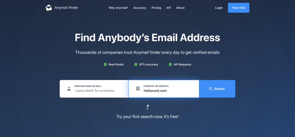 Screenshot of Anymail finder, a tool to help find people's business email addresses.